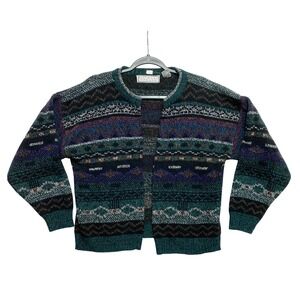 VINTAGE Michael Gerald Cardigan WomenS L Black White Green Sweater Geometric